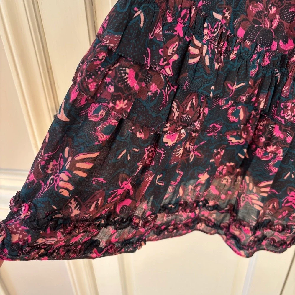 ULLA JOHNSON Amalia Midnight Floral Midi Skirt Tiered Ruffle Pink Navy Size‎ 2